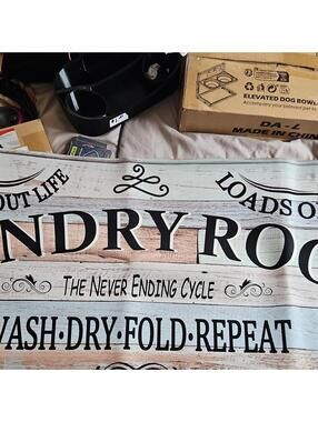 Laundry Room Wash Dry Fold Repeat Rectangle Door Mat Multicolor Text Pattern